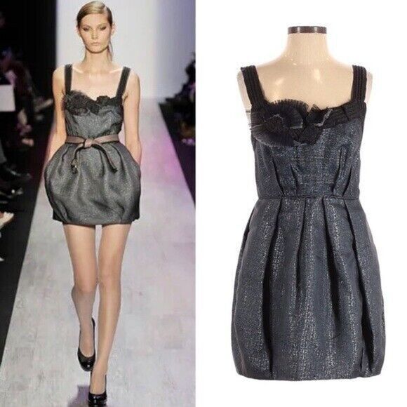 BCBGMaxAzria Runway Graphite Bubble Mini Dress 4 Silk Metallic Pleated Cocktail - Picture 10 of 10